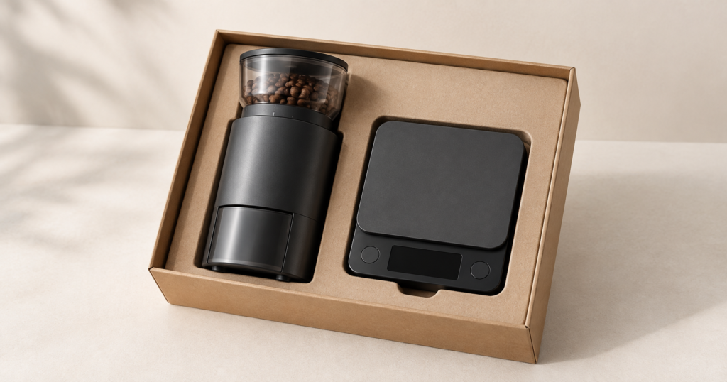 An unbranded coffee grinder and digital scales arranged together in a kraft gift tray.