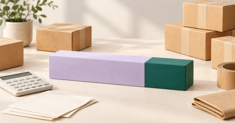Shipping parcels beside a bar split into cost and contribution portions, a calculator and blank order slips.
