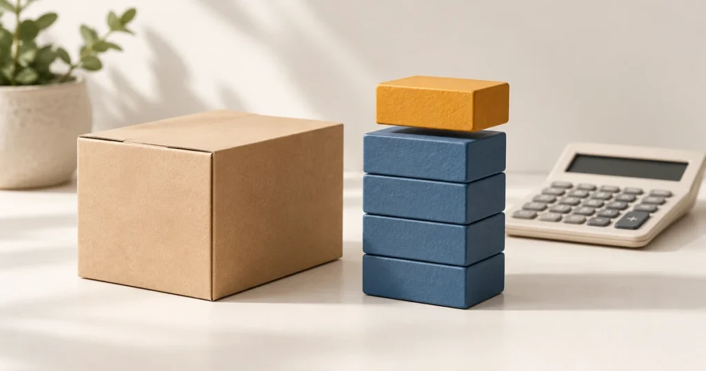 A kraft product box beside stacked blue cost blocks and an amber markup block, with a calculator in the background.