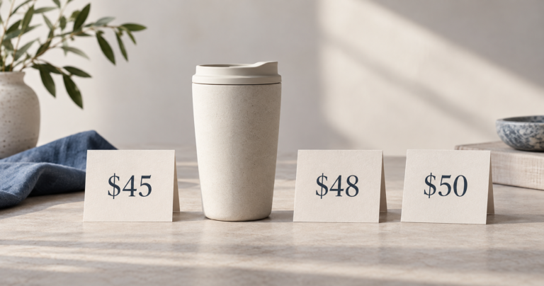 A hypothetical product with three candidate prices: $45, $48, and $50.