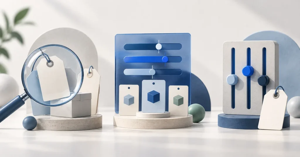 Price tags, a magnifying glass, comparison bars and sliders illustrate monitoring, analytics and repricing.