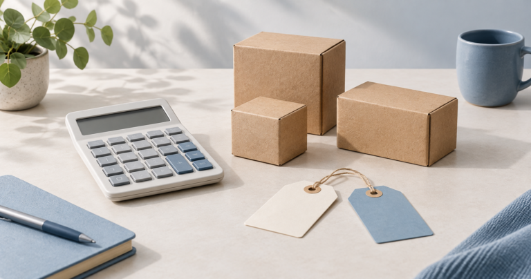 A calculator, three cardboard product boxes, and blank price tags on a desk.