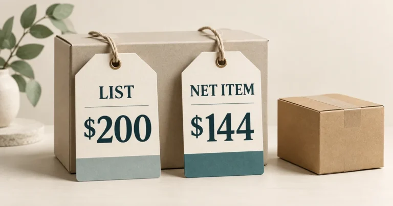 A merchandise box has tags showing a $200 list price and a $144 net item price, with a separate shipping carton.