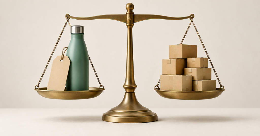 A balanced brass scale holds a reusable bottle and blank price tag opposite a group of ecommerce parcels.