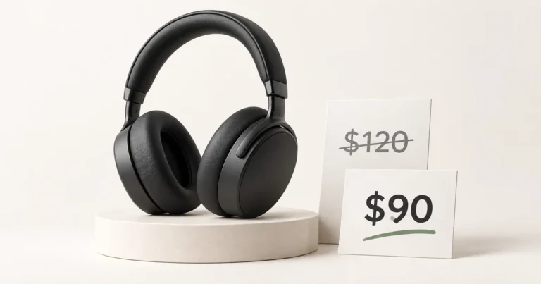 Headphones beside a crossed-out $120 reference price and a $90 current price.