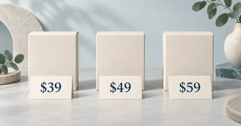 Three identical cream product boxes display candidate prices of $39, $49 and $59 with equal prominence.