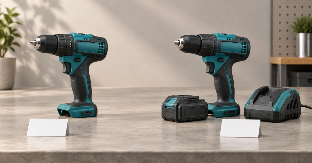 A cordless drill sold alone sits beside a matching drill kit with a battery and charger.