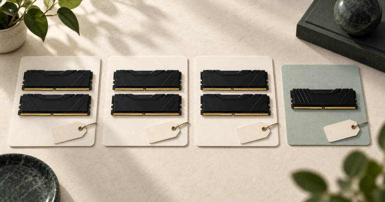 Three pairs of RAM modules sit on matching product cards beside a separate card holding one module.