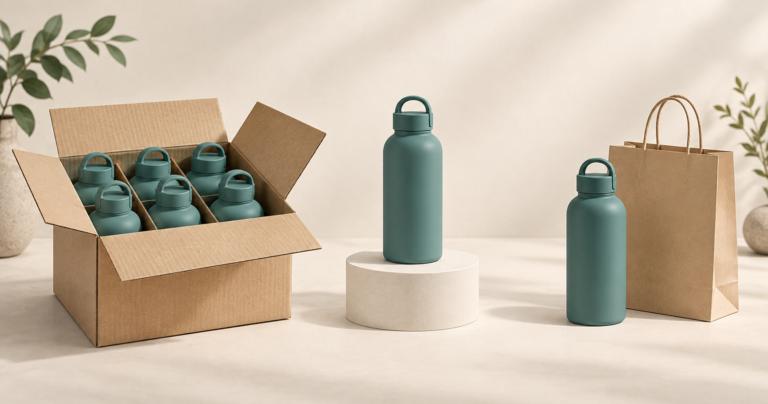 Matching teal bottles move from a wholesale shipping carton to a retail display and a customer shopping bag.