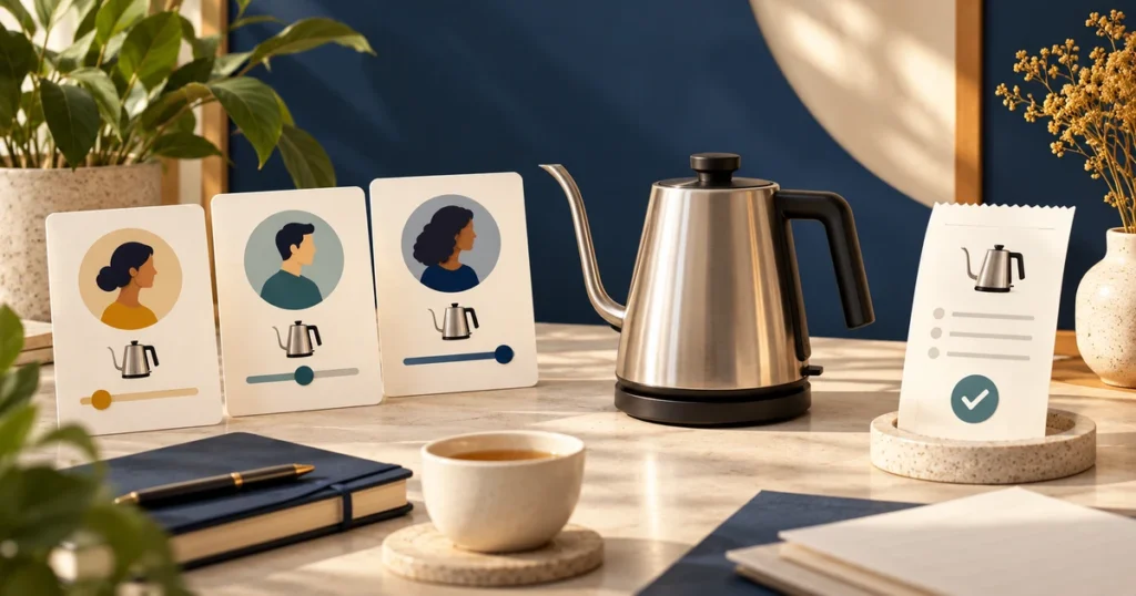 An electric kettle beside customer research cards and a receipt representing purchase validation.