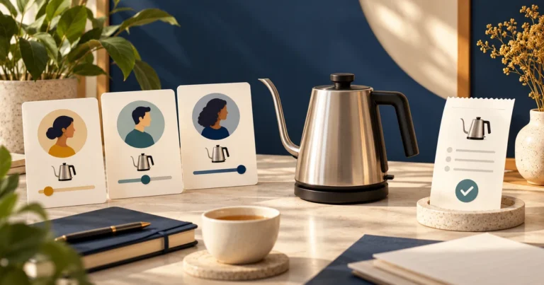 An electric kettle beside customer research cards and a receipt representing purchase validation.