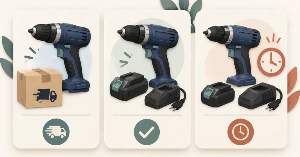 Three illustrated cordless drill offers show delivery, included accessories and timing as factors in a purchase decision.