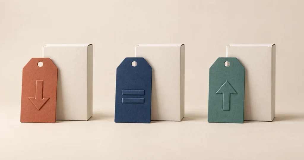Three identical retail boxes stand beside price tags with down, equal and up symbols, representing different pricing decisions.