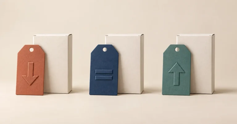Three identical retail boxes stand beside price tags with down, equal and up symbols, representing different pricing decisions.