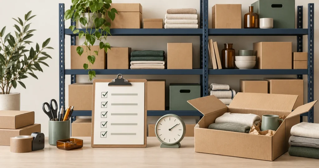 Retail stockroom shelves hold unsold boxes and homewares beside a review checklist and an open carton.