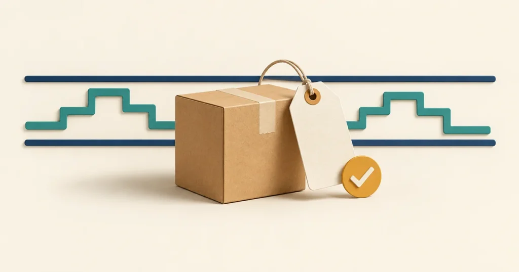 A parcel and price tag sit beside a stepped price path between two limits and an approval check.