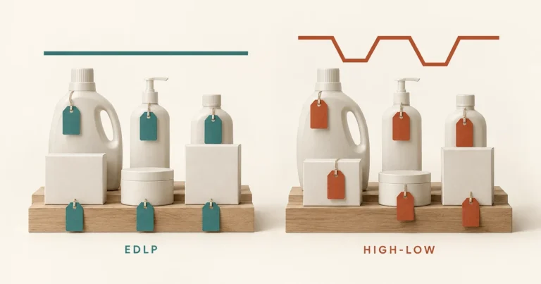 Two displays of household products illustrate a steady EDLP price line and a high-low line with repeated promotional dips.