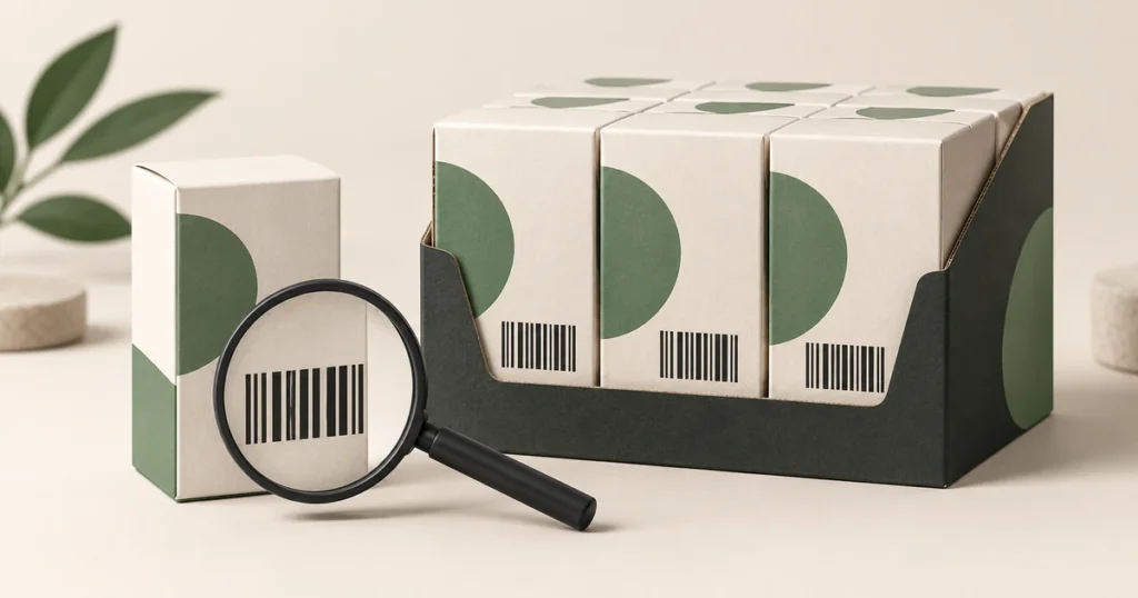 A magnifying glass highlights a schematic barcode on a single retail carton beside a grouped pack of matching cartons.