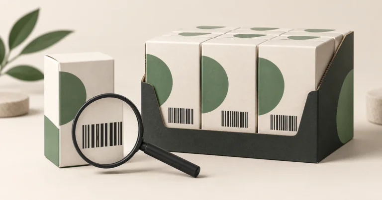 A magnifying glass highlights a schematic barcode on a single retail carton beside a grouped pack of matching cartons.