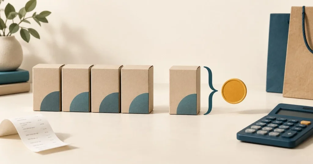 A separate retail carton beside a row of cartons, a gold disc, a receipt, and a calculator illustrates an additional sale.