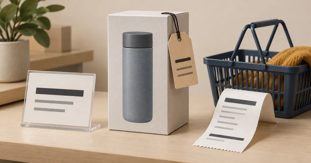A shelf price card, product hangtag and checkout receipt beside the same boxed product.
