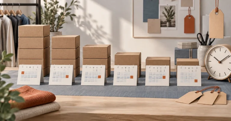 Six calendar cards sit beside shrinking stacks of retail boxes and blank price tags on a merchandising table.