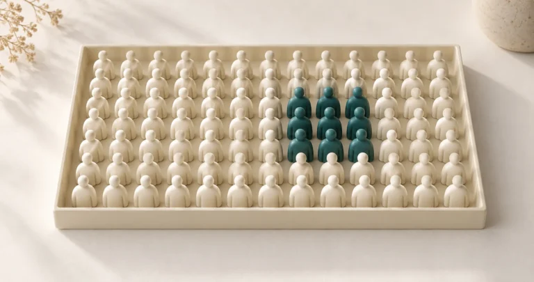 Teal customer figures form a small group within a larger population of ivory figures inside a defined boundary.