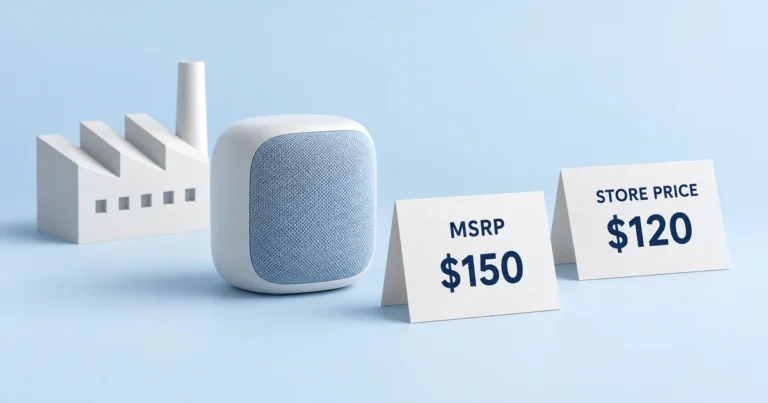A speaker beside separate cards showing an MSRP of $150 and a store price of $120.