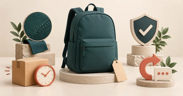 A backpack surrounded by fabric detail, a delivery parcel, a clock, a trust shield and customer support symbols.