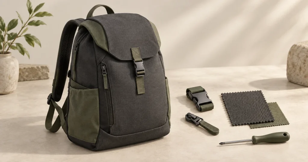 A charcoal and olive backpack beside a spare buckle, zipper slider, fabric swatches and a repair tool.