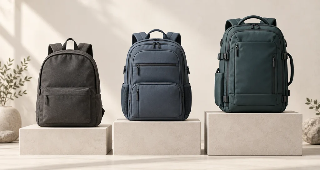 Three fictional backpack models with increasingly detailed construction stand on stepped display blocks.