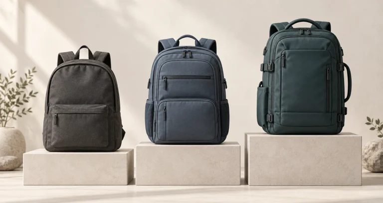 Three fictional backpack models with increasingly detailed construction stand on stepped display blocks.