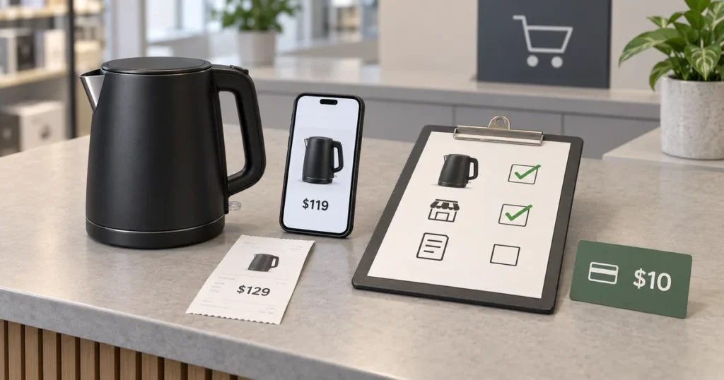 A kettle, a lower-price listing, a receipt and a verification checklist illustrate a customer price-match request.