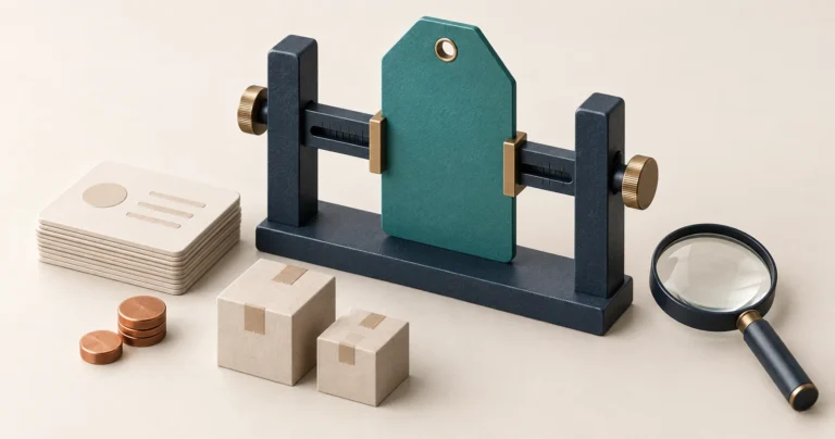 A teal price tag held between adjustable stops, beside transaction cards, cost tokens, inventory boxes and a magnifying glass.