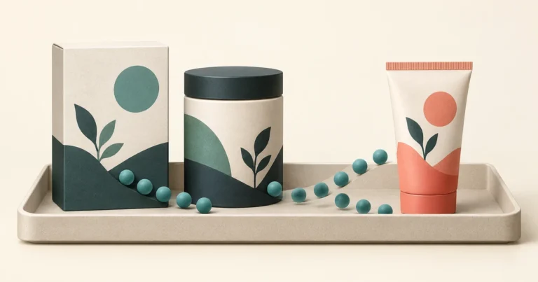Three related retail packages share a display tray as teal tokens branch toward a newly introduced coral package.