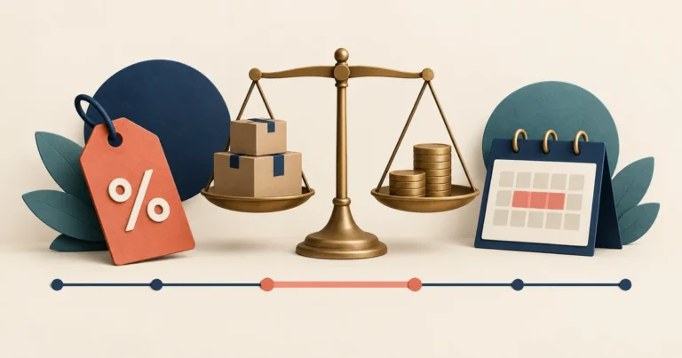 A balance weighs shipping cartons against coins beside a discount tag, calendar, and promotion timeline.