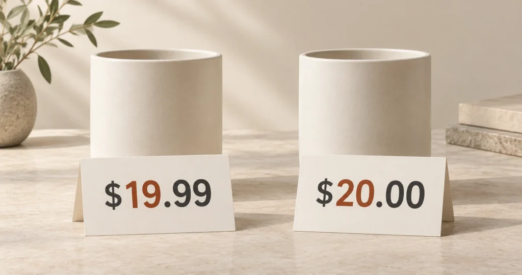 Two matching ceramic vessels stand behind price cards showing $19.99 and $20.00.
