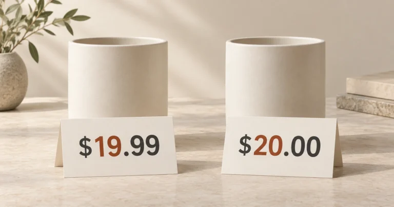 Two matching ceramic vessels stand behind price cards showing $19.99 and $20.00.