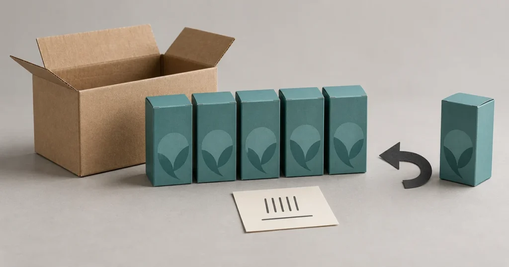 Five teal product boxes beside a shipping carton and tally card, with a separate box next to a return arrow.
