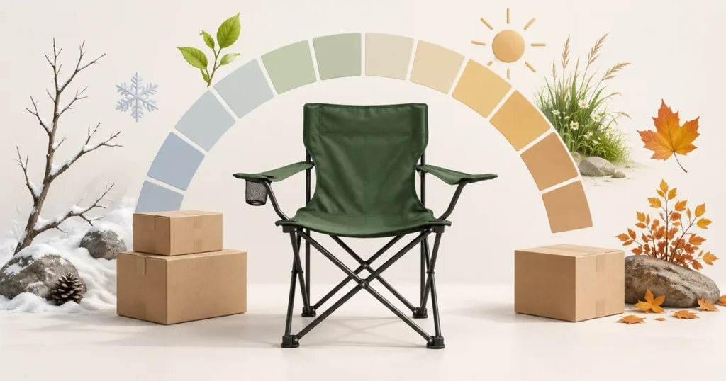 A folding camping chair and inventory boxes beneath calendar tiles, surrounded by winter, spring, summer, and autumn details.