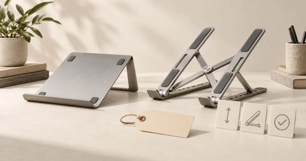 A fixed laptop stand and an adjustable stand beside benefit cards and a blank price tag.