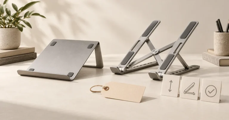 A fixed laptop stand and an adjustable stand beside benefit cards and a blank price tag.