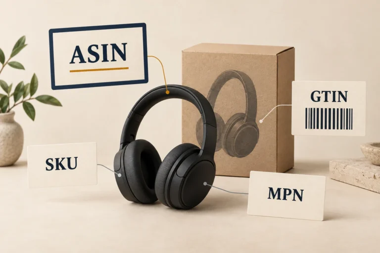 Headphones and their retail box surrounded by separate cards labeled ASIN, SKU, GTIN and MPN.